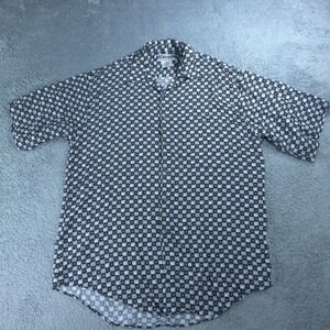 UNTIED Shirt Mens Large Blue Check Short Sleeve Button Up Rayon Casual Geometric